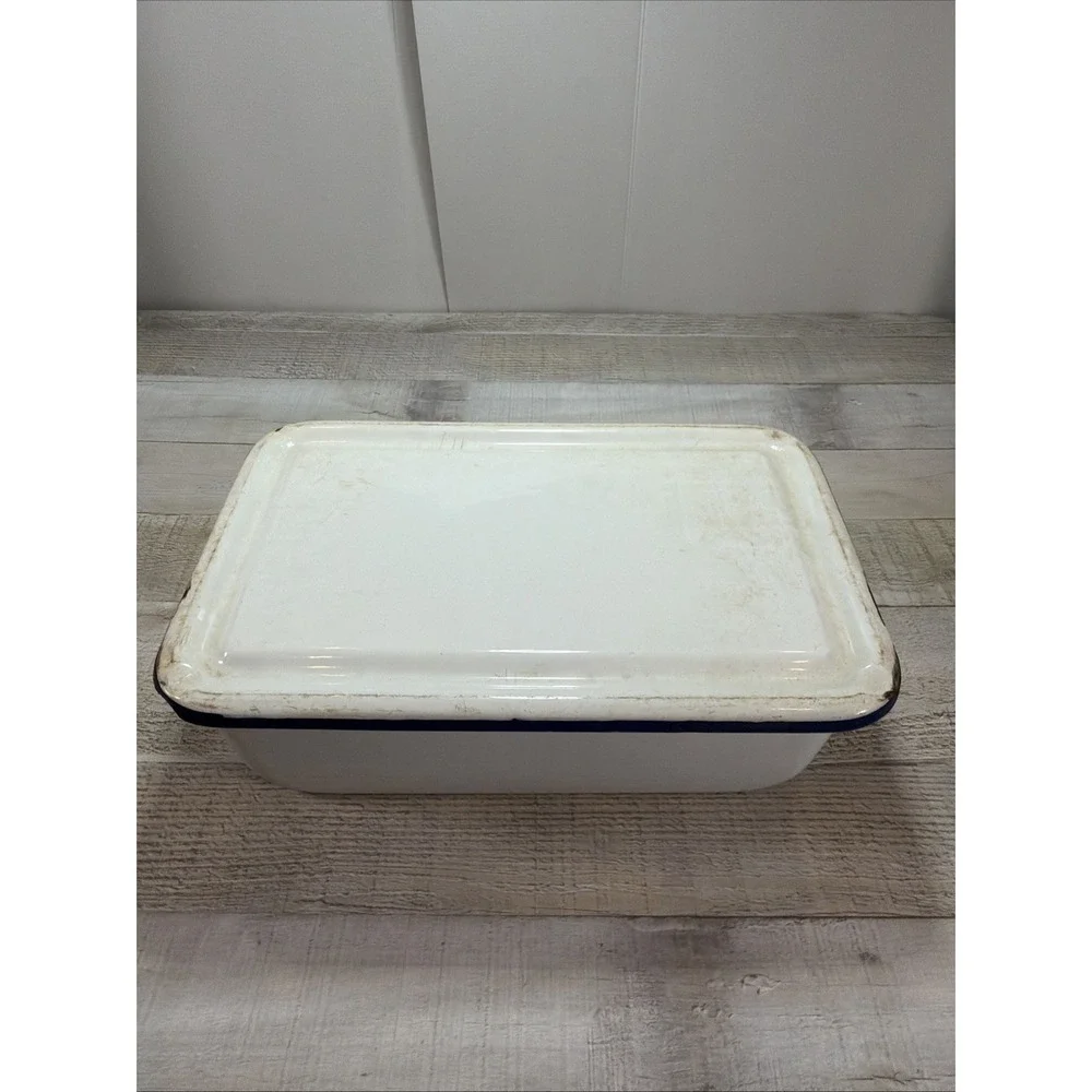 Vintage Enamelware Rectangular Basin Tub Lid White Blue Rim Farmhouse Primitive